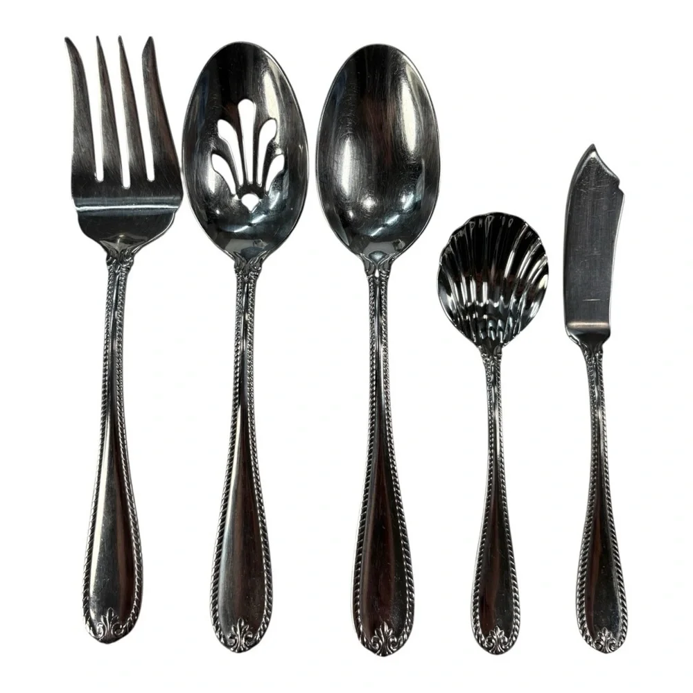5 Pc Lenox Tudor Bead Augusta Serving Hostess Set 18/10 Stainless Steel Flatware